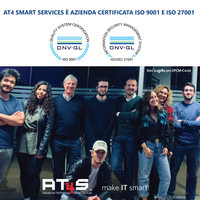 AT4 Smart Services è azienda certificata ISO 9001 e ISO 27001